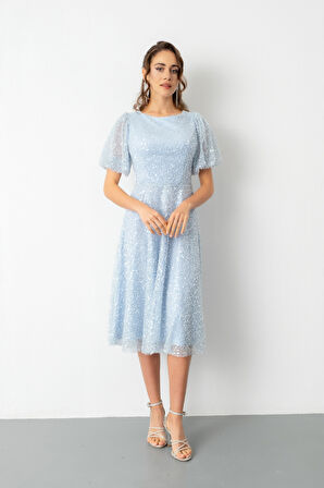 Kadın Bebe Mavi Balon Kol Pul Payet Midi Abiye Elbise