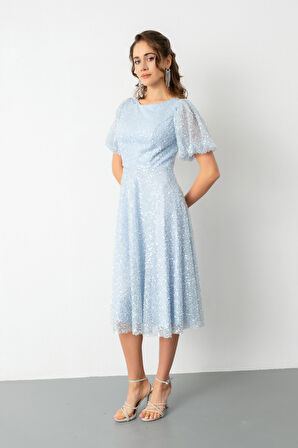 Kadın Bebe Mavi Balon Kol Pul Payet Midi Abiye Elbise