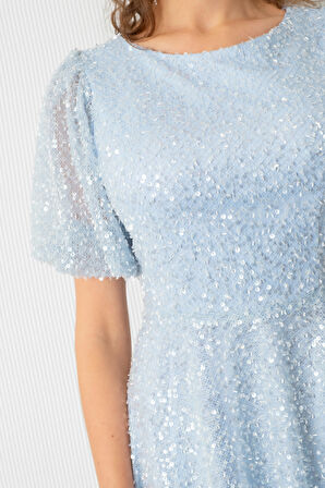 Kadın Bebe Mavi Balon Kol Pul Payet Midi Abiye Elbise