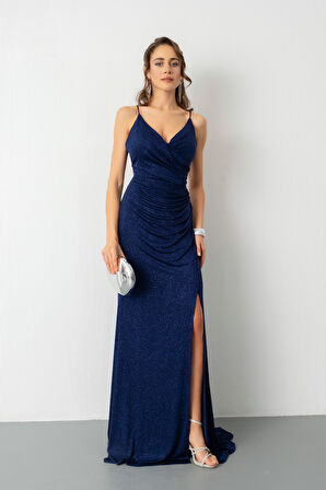 Kadın Lacivert Sırt Dekolteli Simli Uzun Abiye Elbise