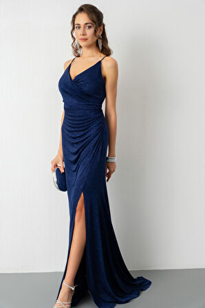 Kadın Lacivert Sırt Dekolteli Simli Uzun Abiye Elbise