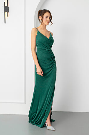 Kadın Zümrüt Yeşili Sırt Dekolteli Simli Uzun Abiye Elbise