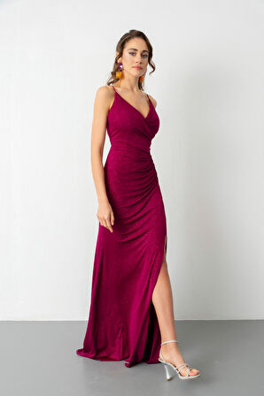 Kadın Fuşya Sırt Dekolteli Simli Uzun Abiye Elbise