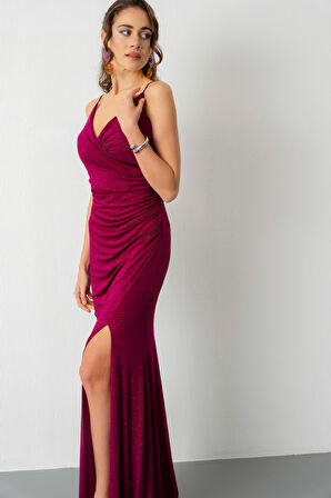 Kadın Fuşya Sırt Dekolteli Simli Uzun Abiye Elbise