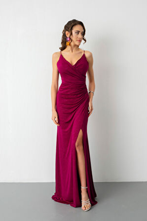 Kadın Fuşya Sırt Dekolteli Simli Uzun Abiye Elbise