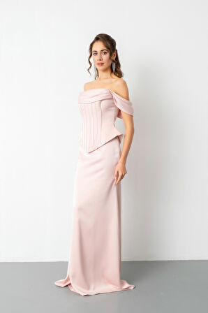 Kadın Pudra Kayık Yaka Balenli Peplum Kesim Saten Abiye Elbise