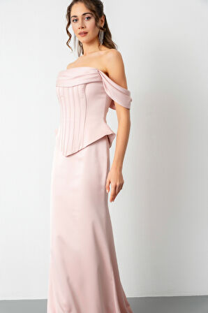 Kadın Pudra Kayık Yaka Balenli Peplum Kesim Saten Abiye Elbise