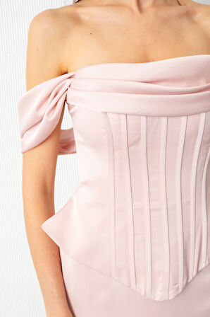 Kadın Pudra Kayık Yaka Balenli Peplum Kesim Saten Abiye Elbise