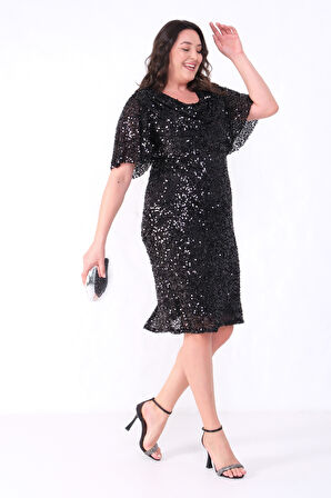 Kadın Siyah Degaje Yaka Pul Payet Büyük Beden Abiye Elbise