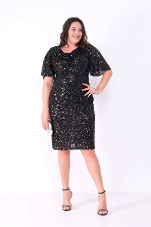 Kadın Siyah Degaje Yaka Pul Payet Büyük Beden Abiye Elbise