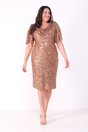 Kadın Kahverengi Degaje Yaka Pul Payet Büyük Beden Abiye Elbise