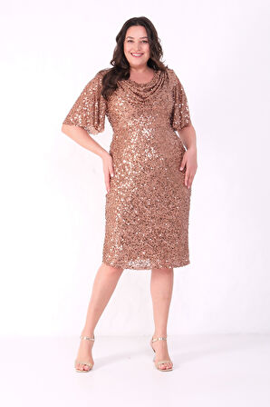 Kadın Kahverengi Degaje Yaka Pul Payet Büyük Beden Abiye Elbise