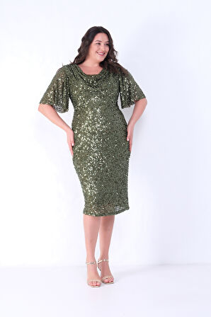 Kadın Haki Degaje Yaka Pul Payet Büyük Beden Abiye Elbise