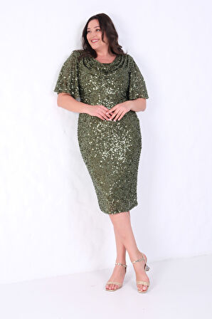 Kadın Haki Degaje Yaka Pul Payet Büyük Beden Abiye Elbise