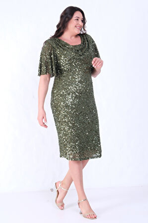 Kadın Haki Degaje Yaka Pul Payet Büyük Beden Abiye Elbise