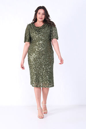 Kadın Haki Degaje Yaka Pul Payet Büyük Beden Abiye Elbise