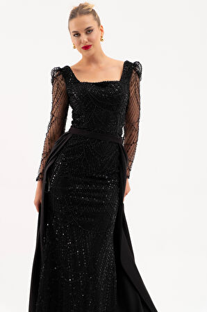 Kadın Siyah Uzun Kol Taşlı Saten Kuyruk Aksesuarlı Abiye