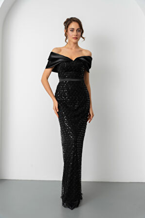 Kadın Siyah Yaka Organze Detay Pul Payetli Uzun Abiye Elibse