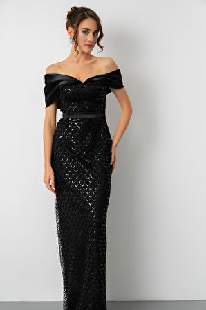 Kadın Siyah Yaka Organze Detay Pul Payetli Uzun Abiye Elibse