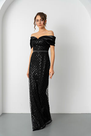 Kadın Siyah Yaka Organze Detay Pul Payetli Uzun Abiye Elibse