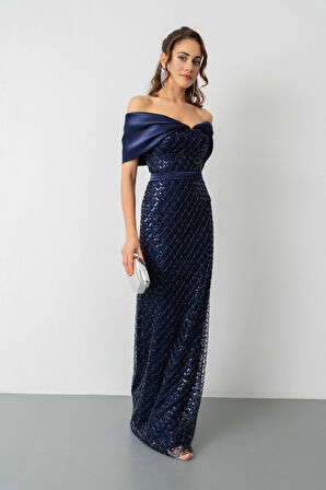 Kadın Lacivert Yaka Organze Detay Pul Payetli Uzun Abiye Elibse