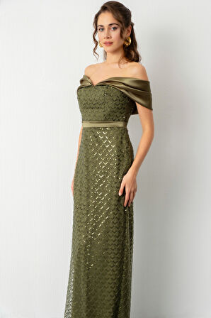 Kadın Haki Yaka Organze Detay Pul Payetli Uzun Abiye Elibse