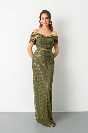 Kadın Haki Yaka Organze Detay Pul Payetli Uzun Abiye Elibse