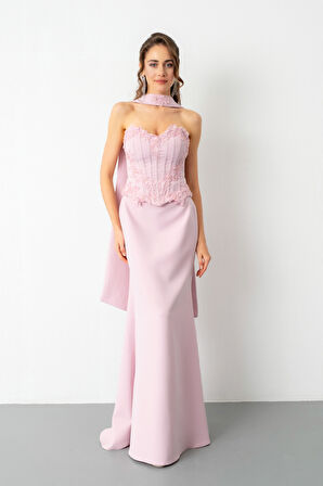 Kadın Pudra Güpür Aplikeli Balen Korse Detay Uzun Söz Nişan Abiye Elbise