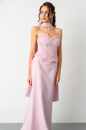 Kadın Pudra Güpür Aplikeli Balen Korse Detay Uzun Söz Nişan Abiye Elbise