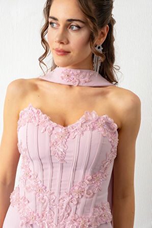 Kadın Pudra Güpür Aplikeli Balen Korse Detay Uzun Söz Nişan Abiye Elbise