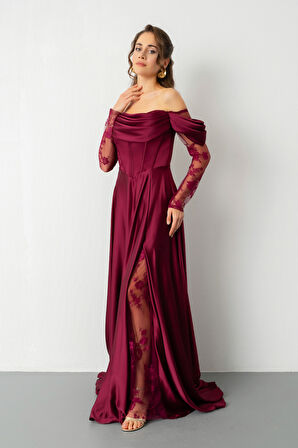 Kadın Mürdüm Dantel Detaylı Uzun Saten Abiye Elbise