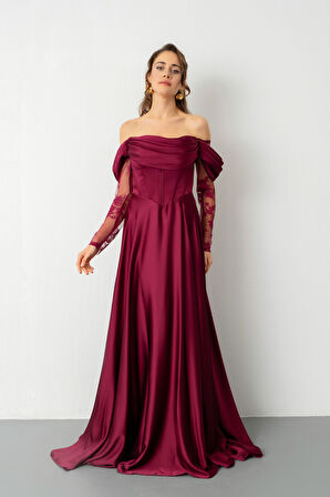 Kadın Mürdüm Dantel Detaylı Uzun Saten Abiye Elbise