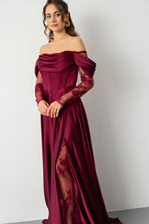 Kadın Mürdüm Dantel Detaylı Uzun Saten Abiye Elbise