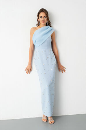 Kadın Bebe Mavi Tek Omuz Taşlı Söz Nişan Nikah Abiye Elbise