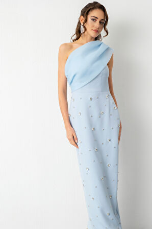 Kadın Bebe Mavi Tek Omuz Taşlı Söz Nişan Nikah Abiye Elbise