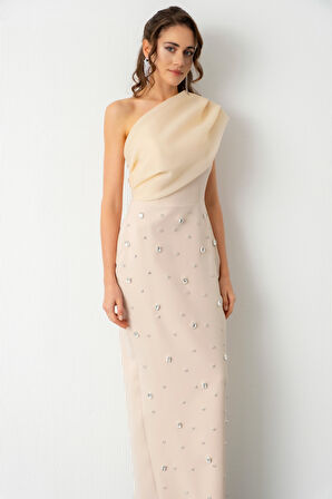 Kadın Bej Tek Omuz Taşlı Söz Nişan Nikah Abiye Elbise