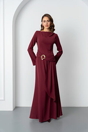 Kadın Bordo Aksesuar Detay Uzun Elbise