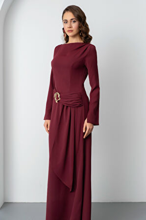 Kadın Bordo Aksesuar Detay Uzun Elbise