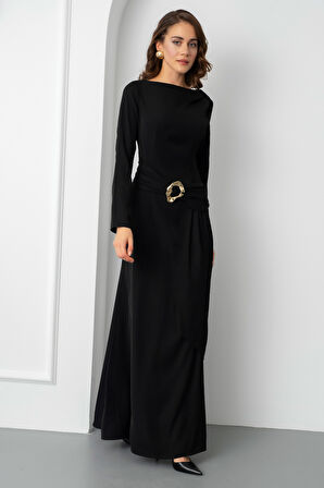 Kadın Siyah Aksesuar Detay Uzun Elbise