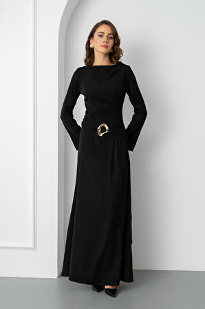 Kadın Siyah Aksesuar Detay Uzun Elbise
