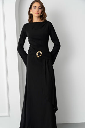 Kadın Siyah Aksesuar Detay Uzun Elbise