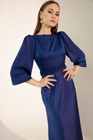 Kadın Saks Uzun Balon Kollu Nişan Elbisesi