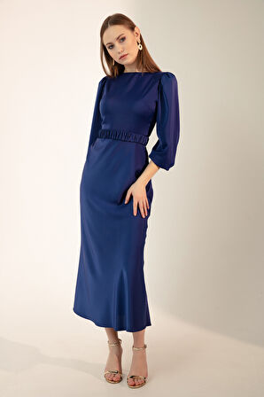 Kadın Saks Uzun Balon Kollu Nişan Elbisesi