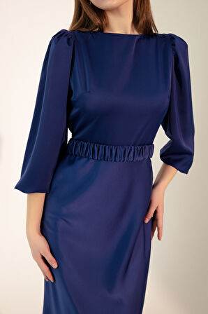 Kadın Saks Uzun Balon Kollu Nişan Elbisesi