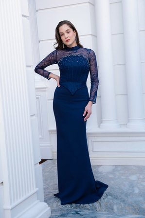 Kadın Lacivert Bolero Detaylı Uzun Dantelli Balık Abiye Elbise