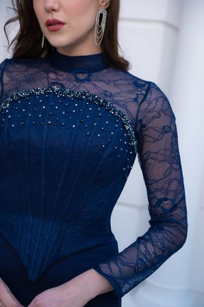 Kadın Lacivert Bolero Detaylı Uzun Dantelli Balık Abiye Elbise