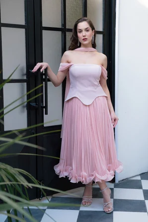 Kadın Pudra Şal Yaka Etek Ucu Volanlı Midi Söz Nişan Nikah Abiye