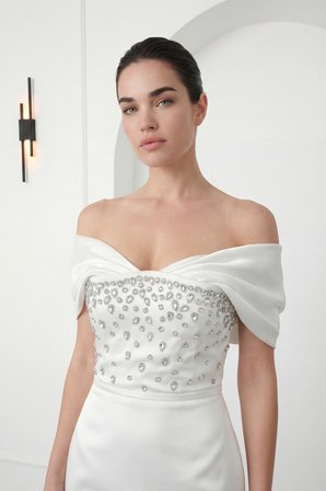 Kadın Beyaz Kayık Yaka Taşlı Midi Söz Nişan Nikah Abiye Elbise