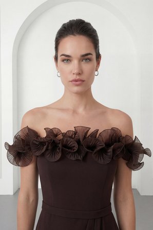 Kadın Kahverengi Kayık Yaka Volan Detay Söz nişan Nikah Abiye Elbise