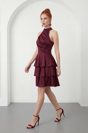 Kadın Bordo Halter Yaka Saten Mini Mezuniyet Abiye Elbise